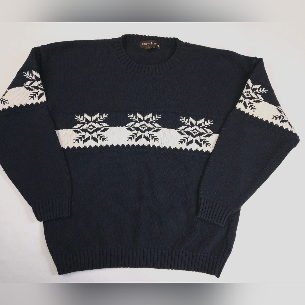 Liberty Vintage 90s Snowflake Cotton Sweater Navy Blue White Men's XXL